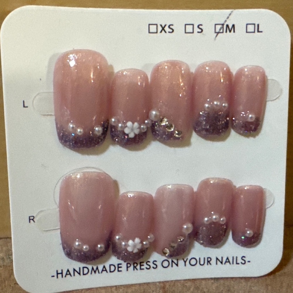 Pink Purple Ombre Glitter Press On Nails Medium Square Pearl Flower Rhinestone